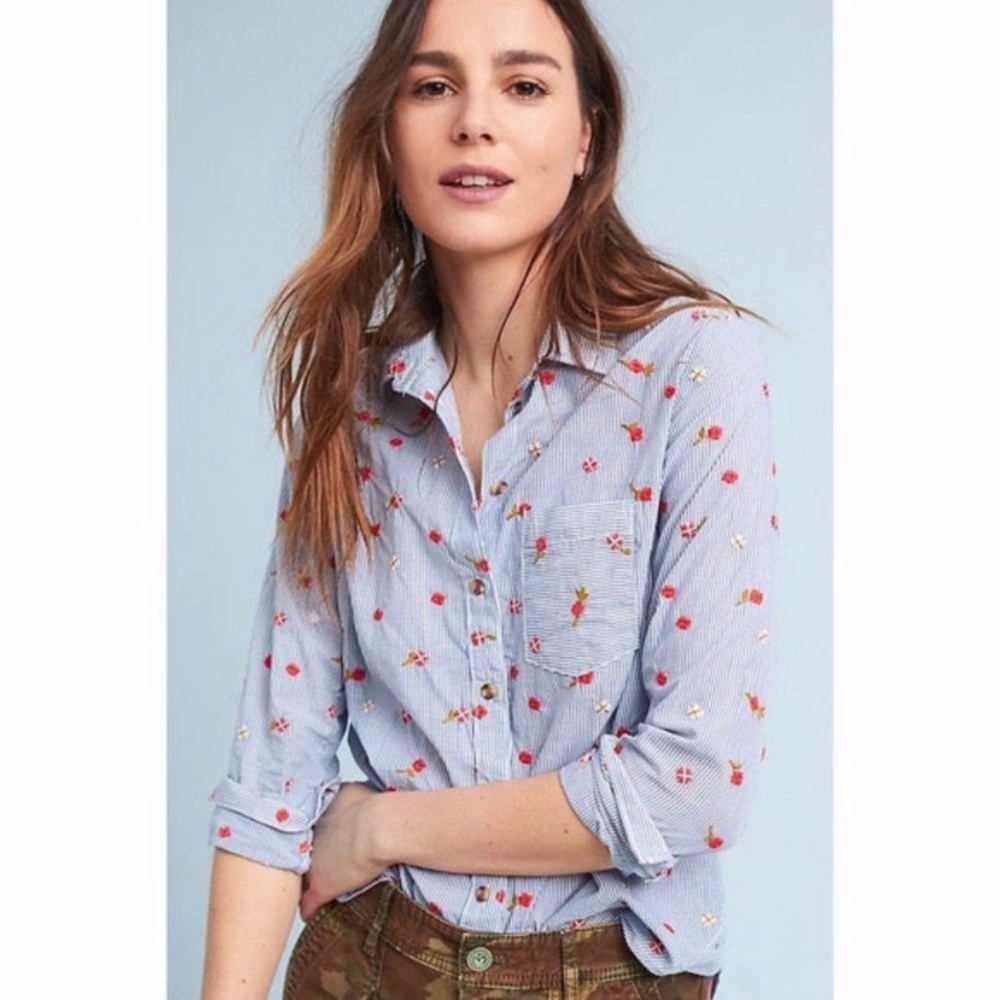 Anthropologie Blue Pinstripe Button-Down Shirt with Red Floral Embroidery